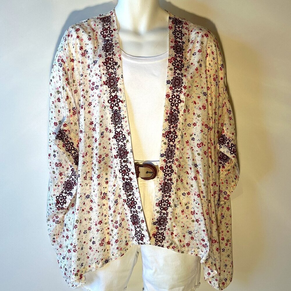 Arizona Jean Co XL/XXL Floral Kimono Boho Coverup Artsy Vacation 70's Cottage